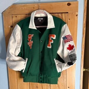 Full Send Men’s Green and White Varsity Jacket with Patches